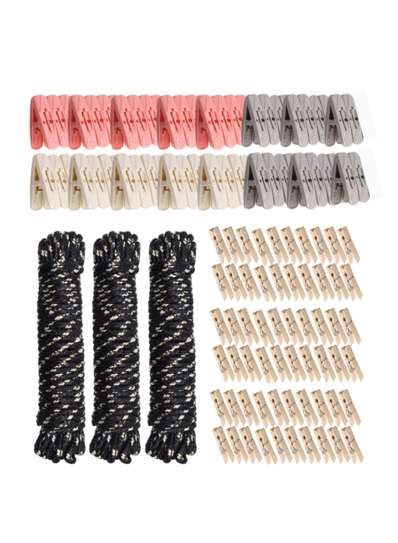 123 PIECE SET | Laundry Drying Essentials | Includes 60 Plastic Pegs (Cream, Blush, Charcoal) & 60 Wooden Pins + 3 Black Polypropylene Ropes (10m Each) | Ideal for Clothes Drying, Outdoor Hanging, and Creative Crafts