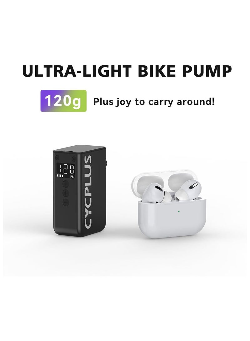 CYCPLUS Tiny Pump Mini Bike Tire Pump with Gauge, Max 120 PSI Electric Bicycle Air Pump, Auto Stop, with Presta and Schrader Valve for E-Bike, Mountain Bike, City Bike and Road Bike AS2PRO