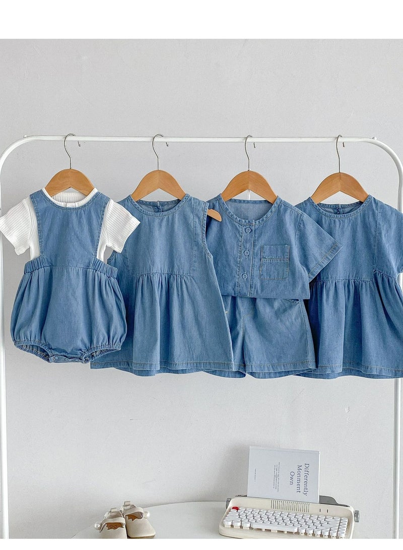 Baby Sleeveless Cotton Lace Vest, Super Cute Bread Denim Short Sleeved Shirt Shorts Set