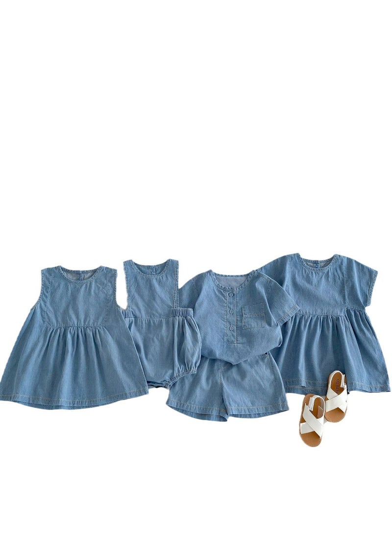 Baby Sleeveless Cotton Lace Vest, Super Cute Bread Denim Short Sleeved Shirt Shorts Set