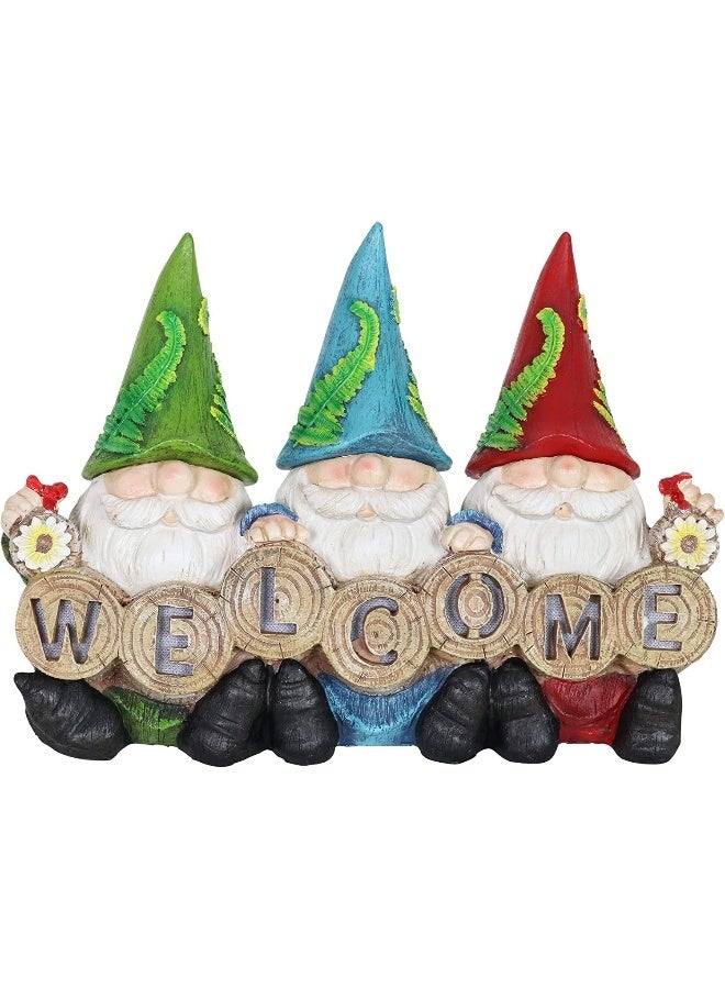 Gnomes Statue Welcome Sign – Cute Three Gnome Decor for Lawn or Patio – Solar Powered Light Hats - Weather Resistant & UV-Treated Resin Gnome Garden Statue