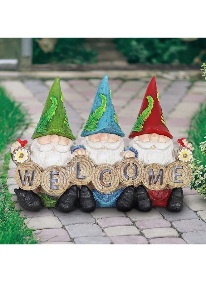 Gnomes Statue Welcome Sign – Cute Three Gnome Decor for Lawn or Patio – Solar Powered Light Hats - Weather Resistant & UV-Treated Resin Gnome Garden Statue