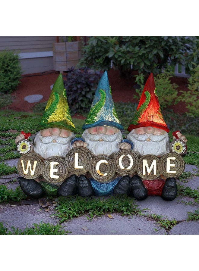 Gnomes Statue Welcome Sign – Cute Three Gnome Decor for Lawn or Patio – Solar Powered Light Hats - Weather Resistant & UV-Treated Resin Gnome Garden Statue