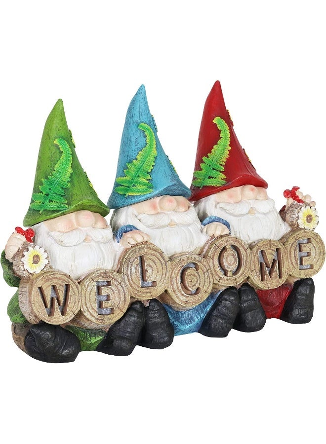 Gnomes Statue Welcome Sign – Cute Three Gnome Decor for Lawn or Patio – Solar Powered Light Hats - Weather Resistant & UV-Treated Resin Gnome Garden Statue