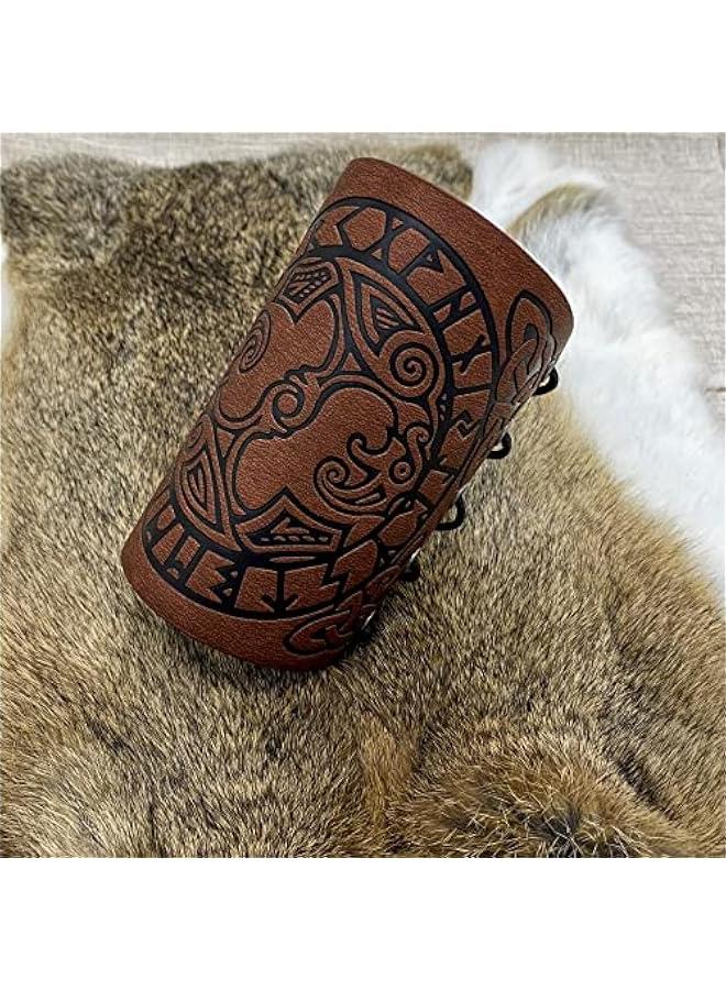 Viking Arm Bracer, Embossed Norse Symbol Faux Leather Arm Armor, Medieval Faux Leather Arm Wristband for LARP