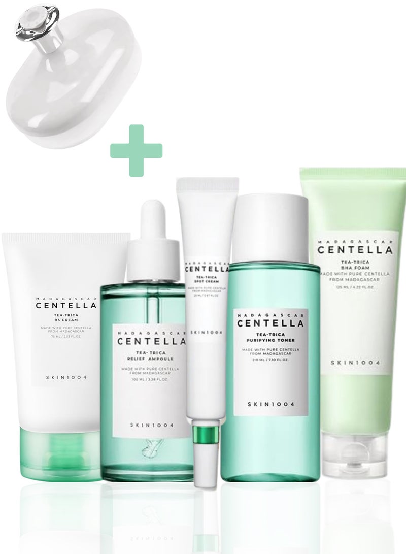 Madagascar Centella Tea-Trica Spot Cream 20ml, BHA 125ml, Cleansing Foam, B5 Cream 75ml, Relief Ampoule 100ml, Purifying Toner 210ml & Face Scrubber | Complete Acne Care Set 530ml