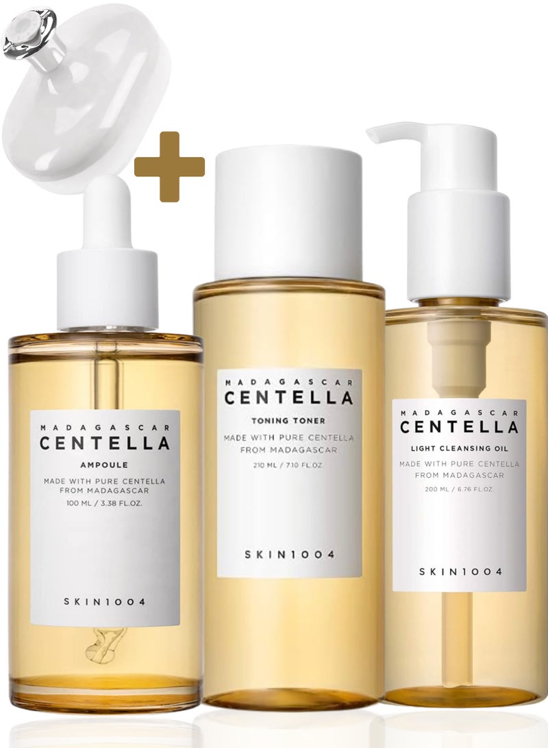 Madagascar Centella Toning Toner 210ml, Cleansing Oil 200ml, Centella Ampoule 100ml & Face Scrubber | Complete Skincare Set for Toning, Cleansing, and Hydration 510ml