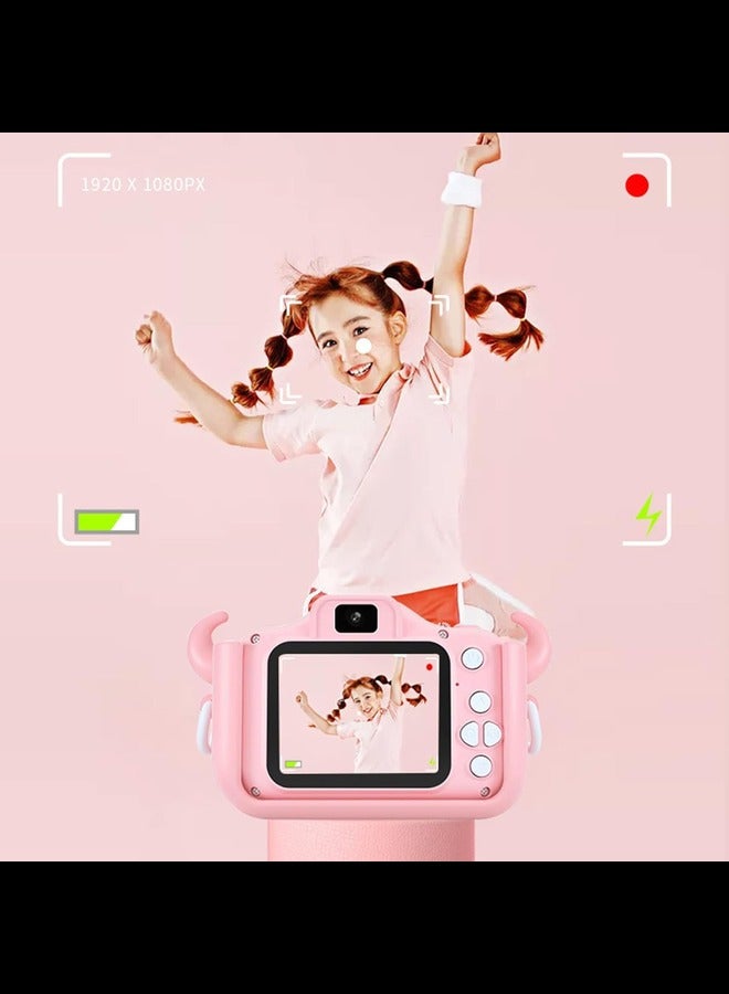 Kids Camera with Silicone Case, Video Camera for Children with Fun Games, Kids Digital Camera with Special Effects, Rechargeable Battery, Ideal for Boys and Girls (Pink Cow 8G)