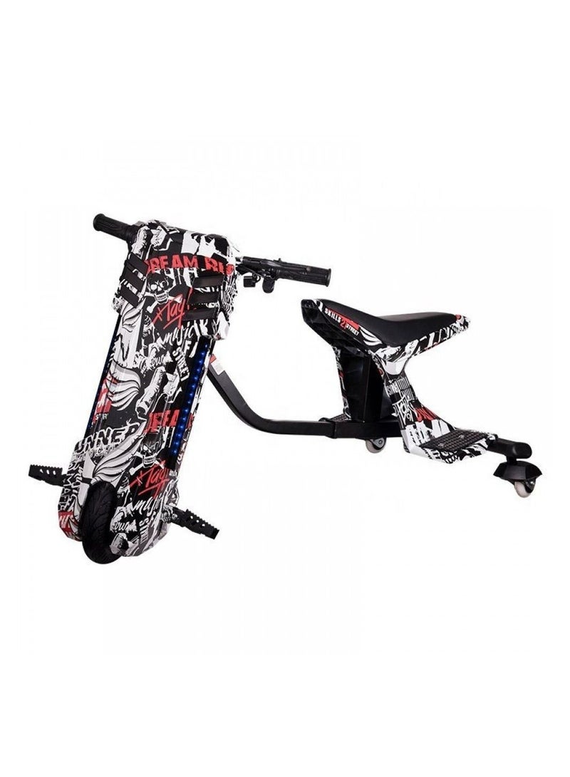 3 Wheel Drifter 36v Electric Scooter 360 Degree Rotation with Led Light Comfortable Seat and Bluetooth Black/White Graffiti