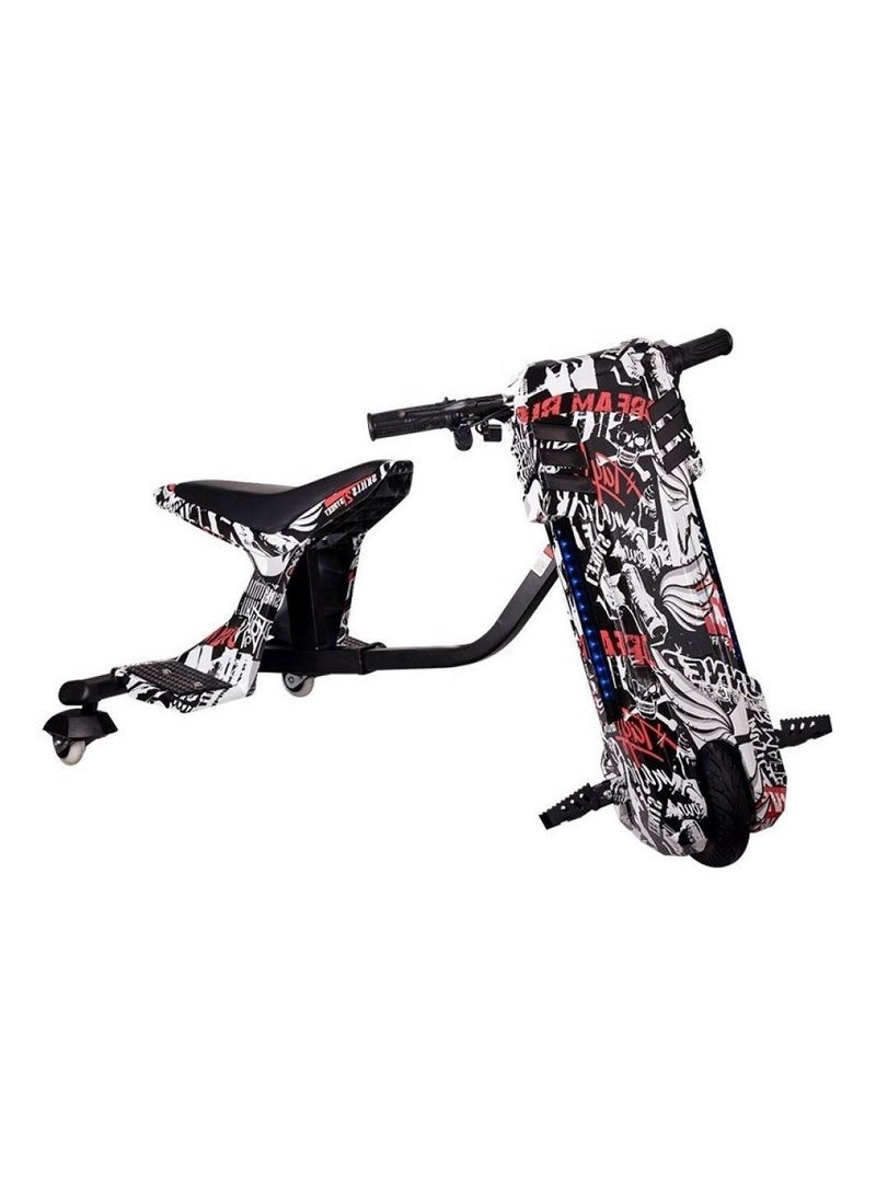 3 Wheel Drifter 36v Electric Scooter 360 Degree Rotation with Led Light Comfortable Seat and Bluetooth Black/White Graffiti