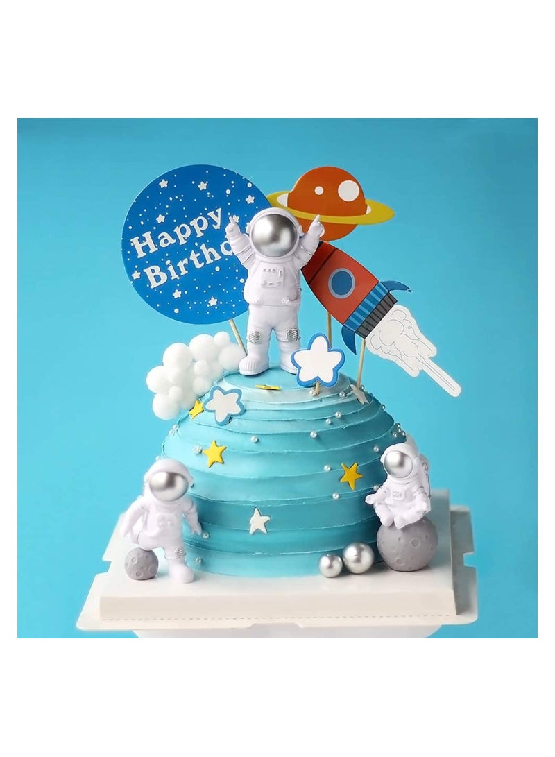 Outer Space Astronaut Cake Toppers - Set of 11 - Astronaut Figurines, Rocket, Stars, Clouds, Balls and Happy Birthdany Cake Decor