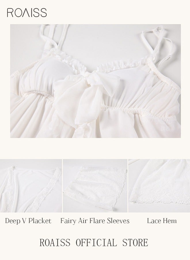 2 Piece Nightgown Set Women's Sweet Halter Nightdress Lace Lingerie Sleepwear Home Dress Set Romantic Elegant Pajamas Ladies Spring Autumn Robe Loungewear