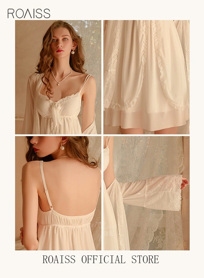 2 Piece Nightgown Set Women's Sweet Halter Nightdress Lace Lingerie Sleepwear Home Dress Set Romantic Elegant Pajamas Ladies Spring Autumn Robe Loungewear