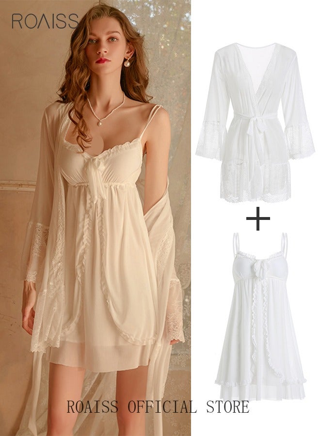 2 Piece Nightgown Set Women's Sweet Halter Nightdress Lace Lingerie Sleepwear Home Dress Set Romantic Elegant Pajamas Ladies Spring Autumn Robe Loungewear