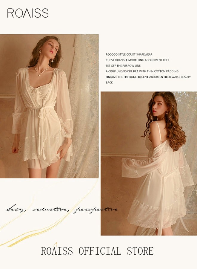 2 Piece Nightgown Set Women's Sweet Halter Nightdress Lace Lingerie Sleepwear Home Dress Set Romantic Elegant Pajamas Ladies Spring Autumn Robe Loungewear