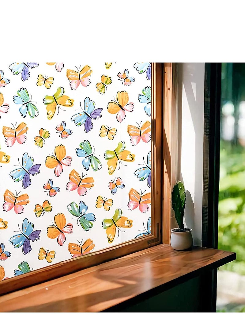 Window Film Privacy Frosted Decorative Colorful Removable No-Adhesive 3D Glass Sticker Butterfly Stained for Home Office Kids Study Meeting Room(50x 200cm)