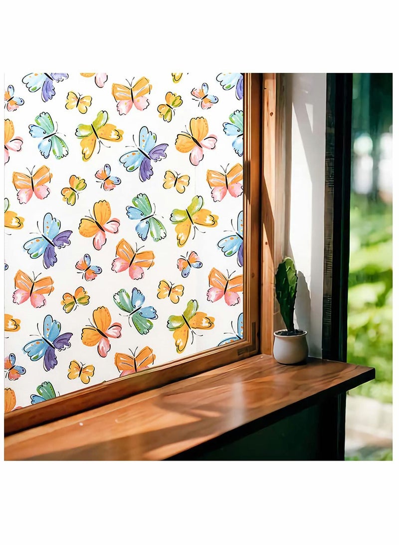 Window Film Privacy Frosted Decorative Colorful Removable No-Adhesive 3D Glass Sticker Butterfly Stained for Home Office Kids Study Meeting Room(50x 200cm)