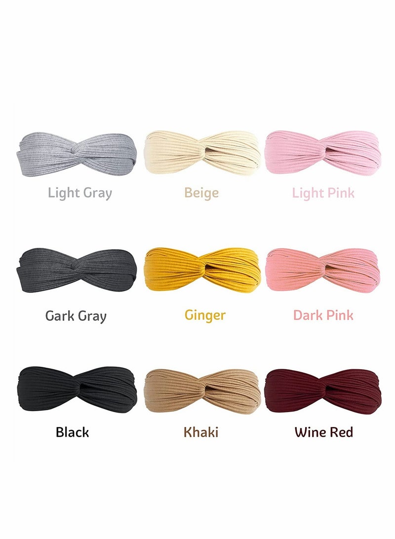 Elastic Headbands, Knotted Headband for Women Girls Non Slip Fashion Boho Headbands Soft Knitting Elastic Cross Knot Cute Wide Workout Yoga Turban Headband Hair Accessories, 9 Pack