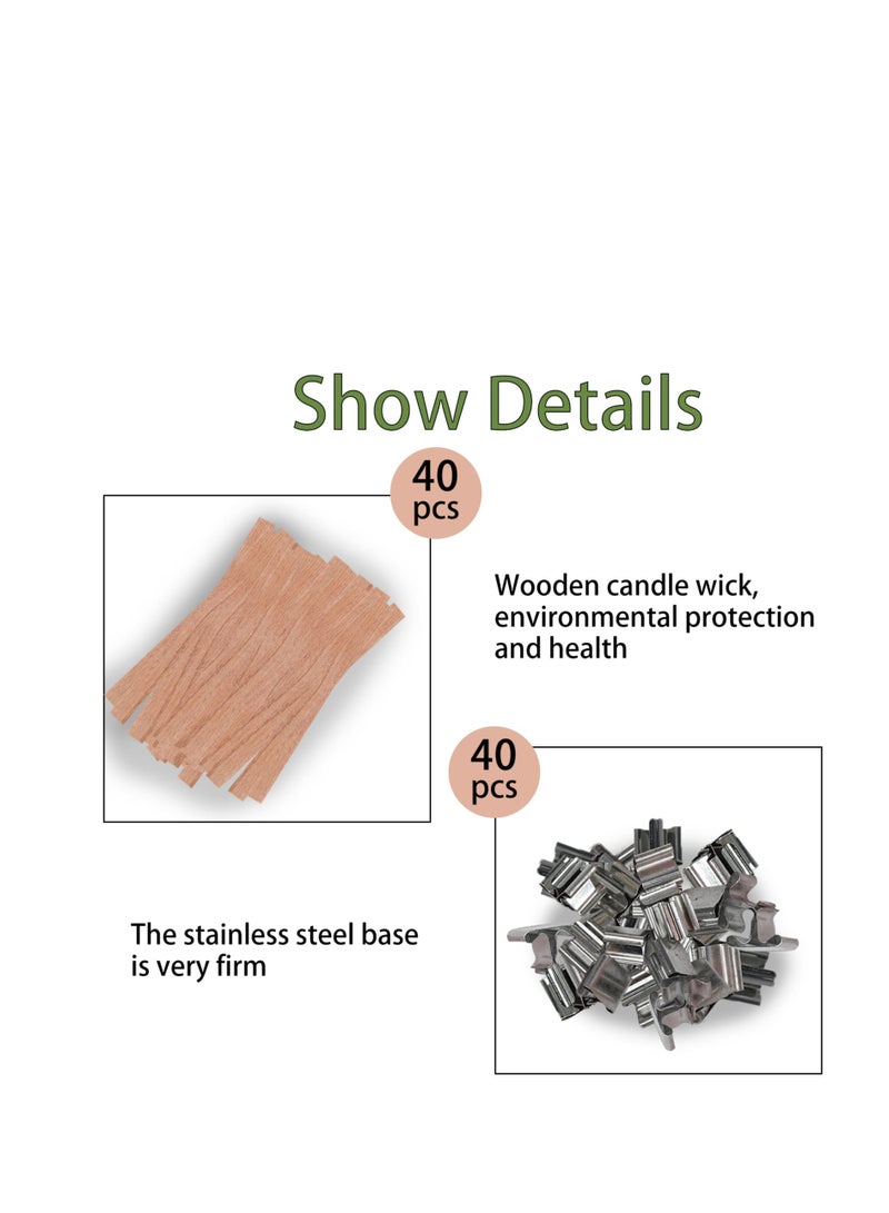 40 Pcs Wood Wicks Kit for Candle Making, Wooden Candle Wicks Smokeless, 4 Size Natural Wooden Wick Cores with 40 Iron Stand Smokeless Scented Candle Holder, for Candle Making Candle DIY Craft