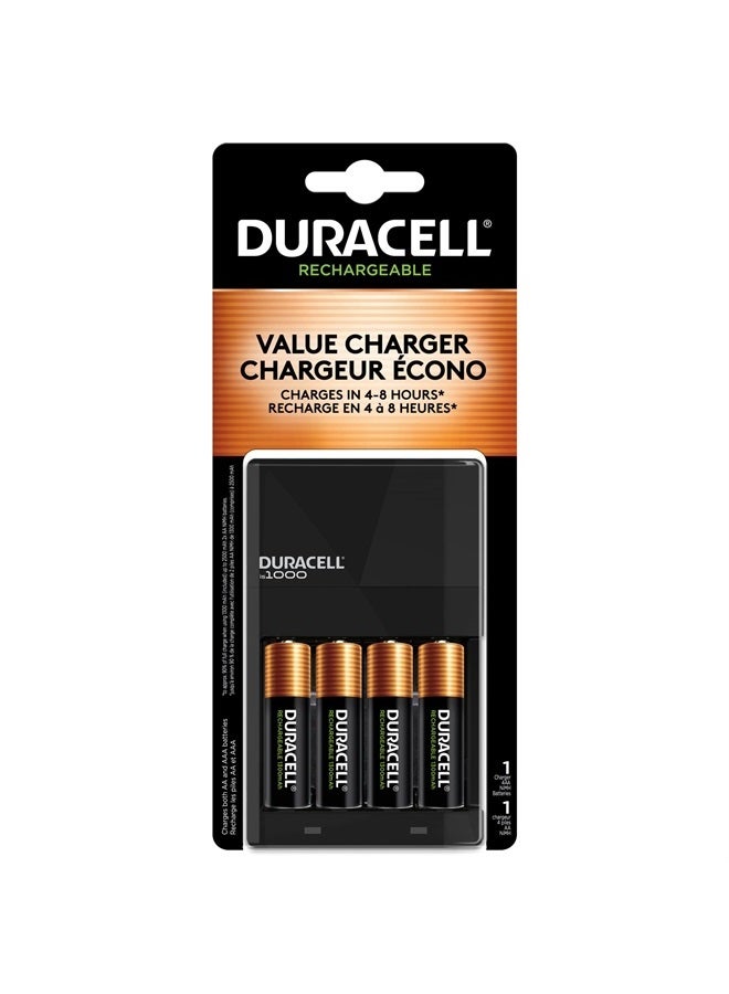 Duracell Ion Speed 1000-Battery-Charger for AA and AAA-batteries, Includes 4 Pre-Charged AA-Rechargeable-Batteries, for Household and Business Devices