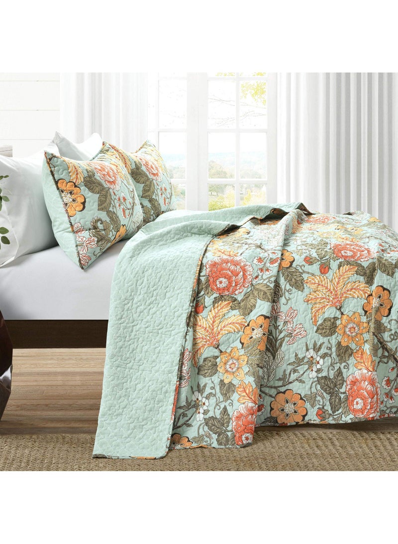 3 Piece Bohemian Style Bedding Set With Sydney Reversible Cotton Quilt Set Charming & Colorful Floral Leaf Design Blue & Green