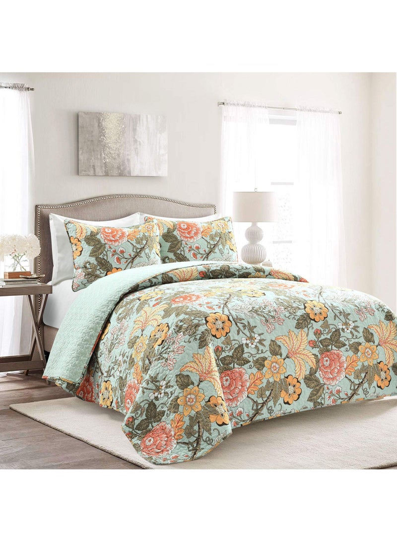 3 Piece Bohemian Style Bedding Set With Sydney Reversible Cotton Quilt Set Charming & Colorful Floral Leaf Design Blue & Green