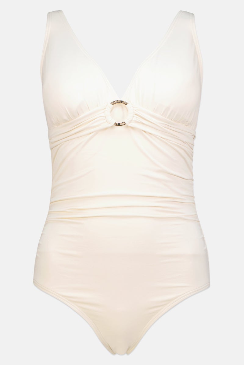 Women Padded One Piece Plain Swimwear, Cream