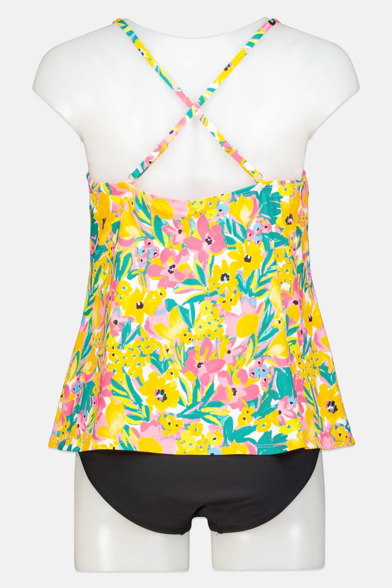 Women 2Pcs Floral Tankini Set, Yellow Combo