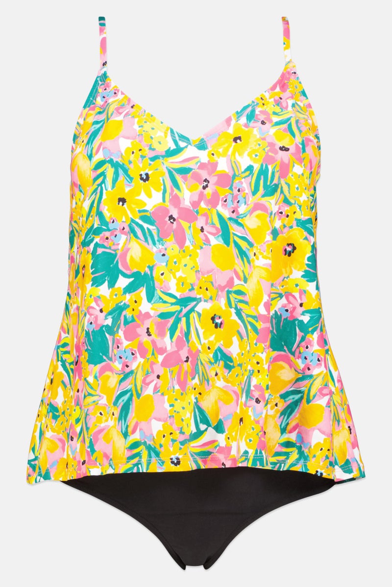 Women 2Pcs Floral Tankini Set, Yellow Combo