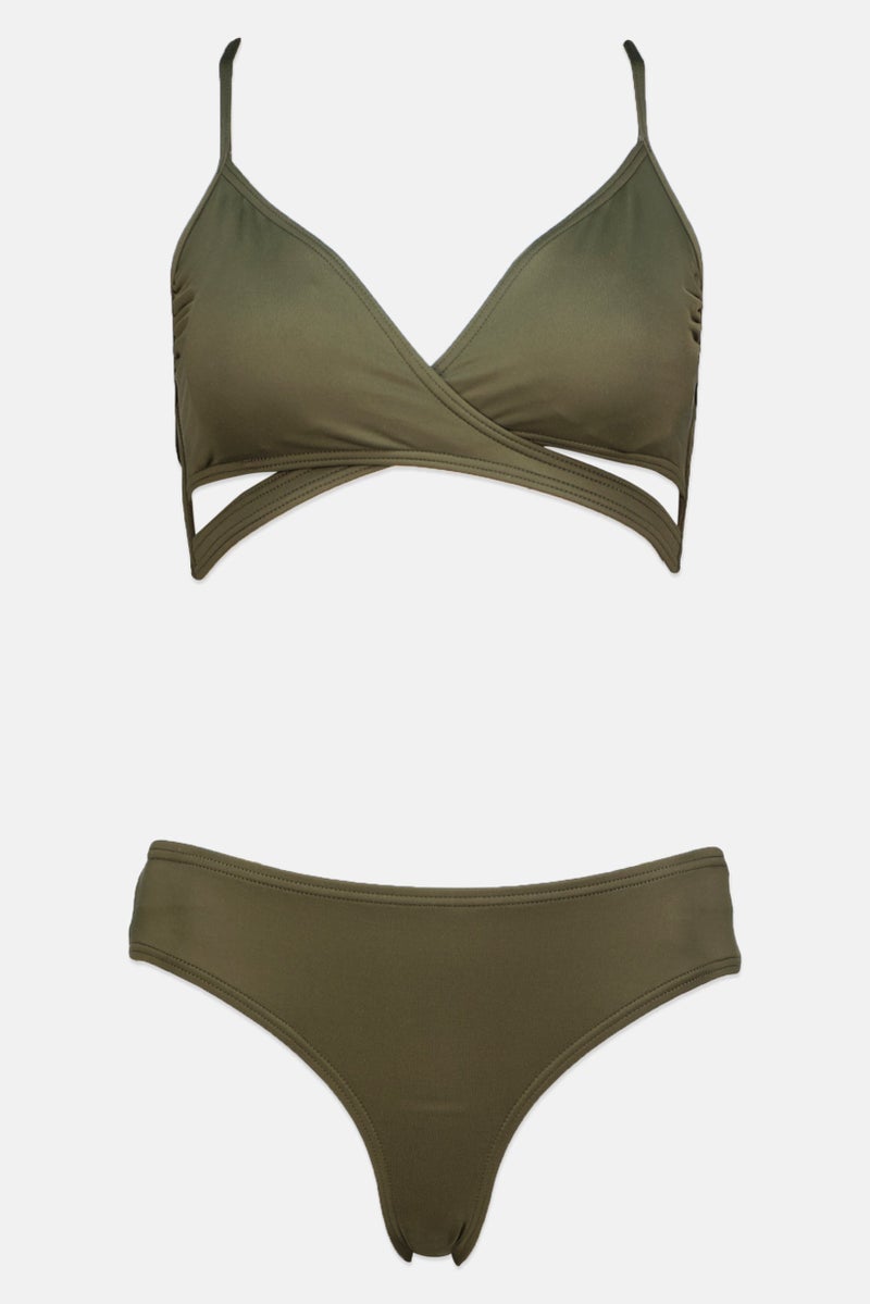 Women 2 Pieces Padded Wireless Solid Bikini Set, Olive