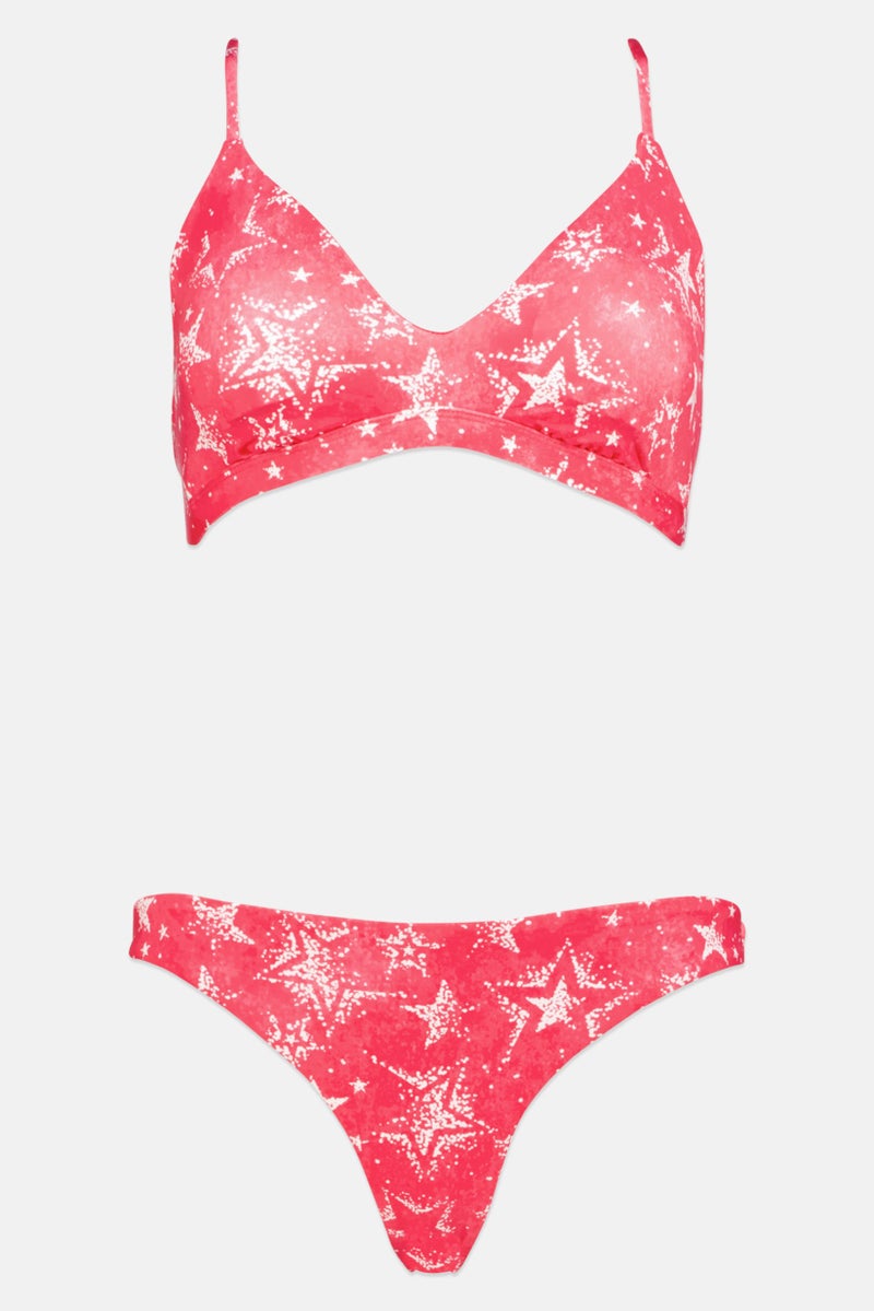 Women 2 Pcs Allover Print Padded Top And Bottom Bikini Set, Red/White