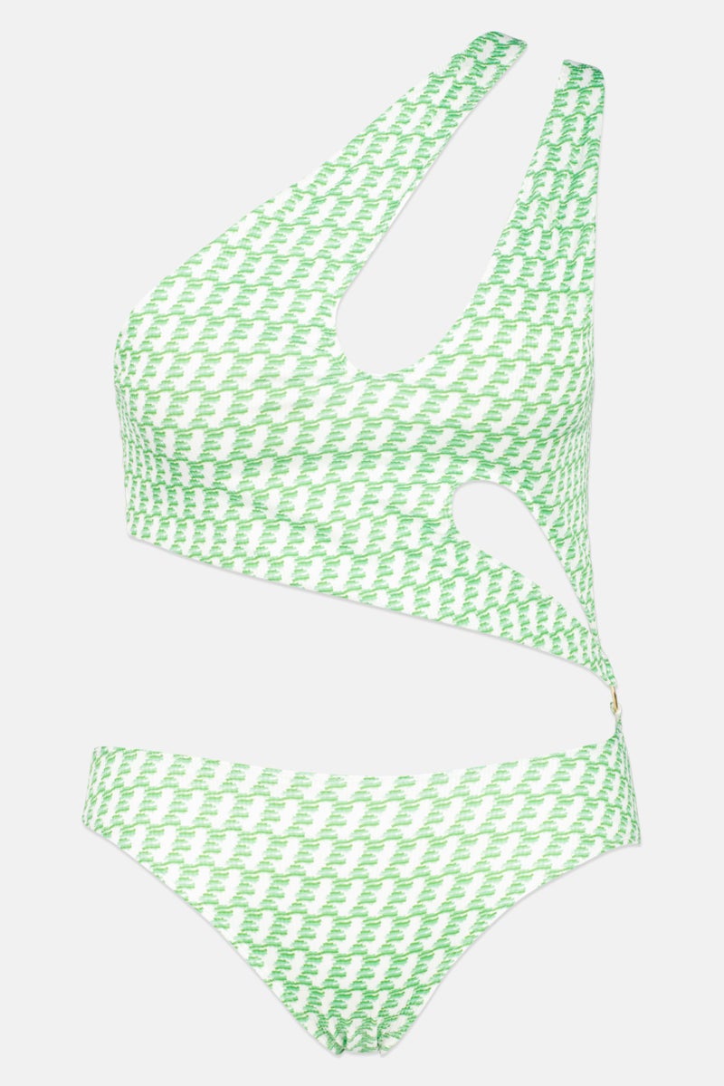 Women Allover Print Padded One Piece Swimwear, Green/White