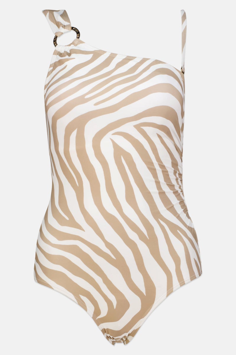 Women Animal Pattern Padded One Piece Swimwear, White/Brown