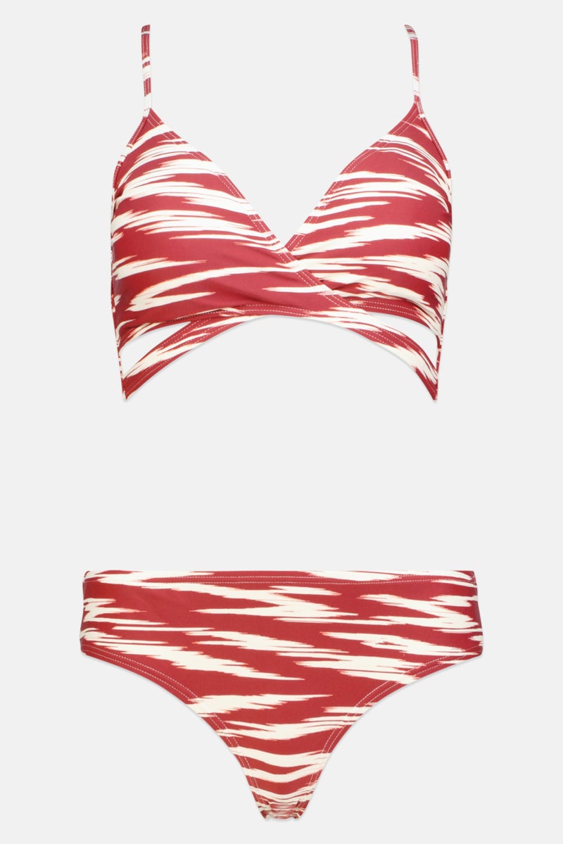 Women 2 Pieces Stripe Bikini Set, Red