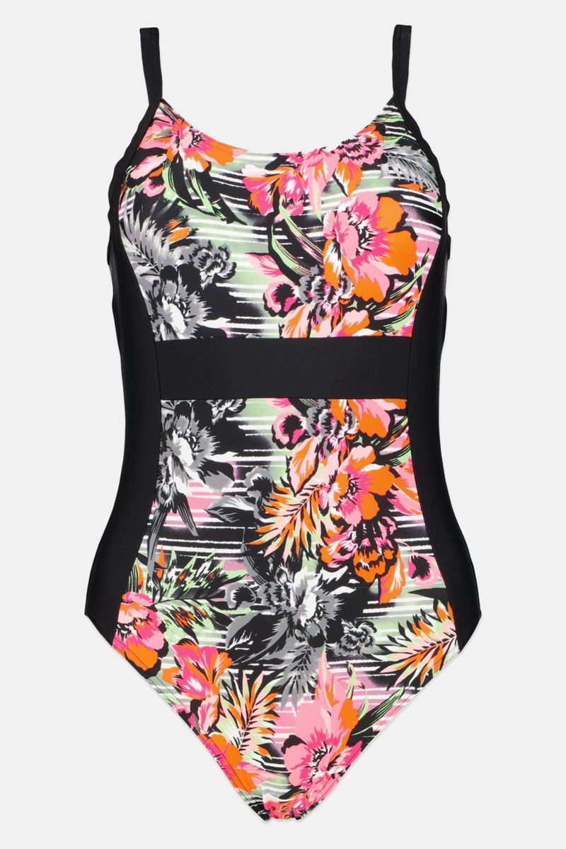 Women Printed Lightly Padded One Piece Swimsuit, Black Combo