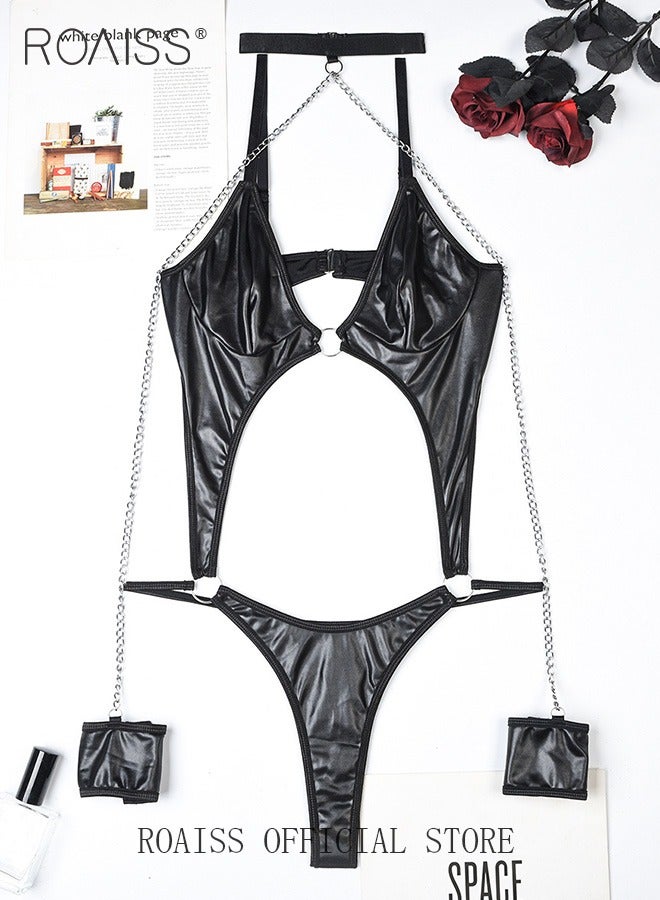 Women's Underwear Women's Patent Leather Hollow Underwear Chain Decorated with Lace Elements