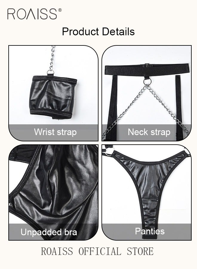 Women's Underwear Women's Patent Leather Hollow Underwear Chain Decorated with Lace Elements