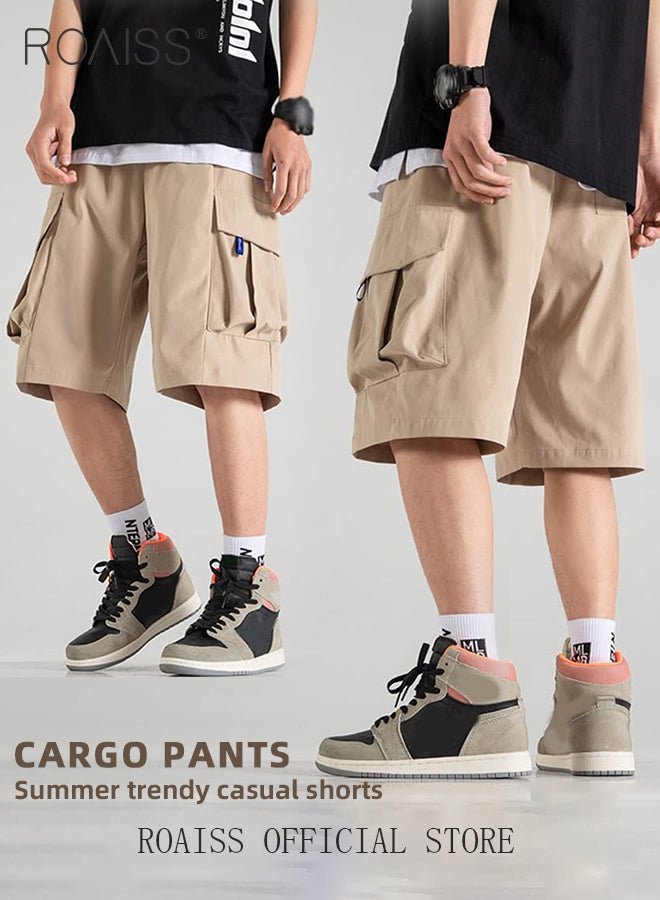 Stylish Overalls Shorts for Men with Multi Flap Pockets Thin Loose Large Casual Straight Leg Cropped Pants Men's Versatile Drawstring Waist Oversize Cargo Shorts