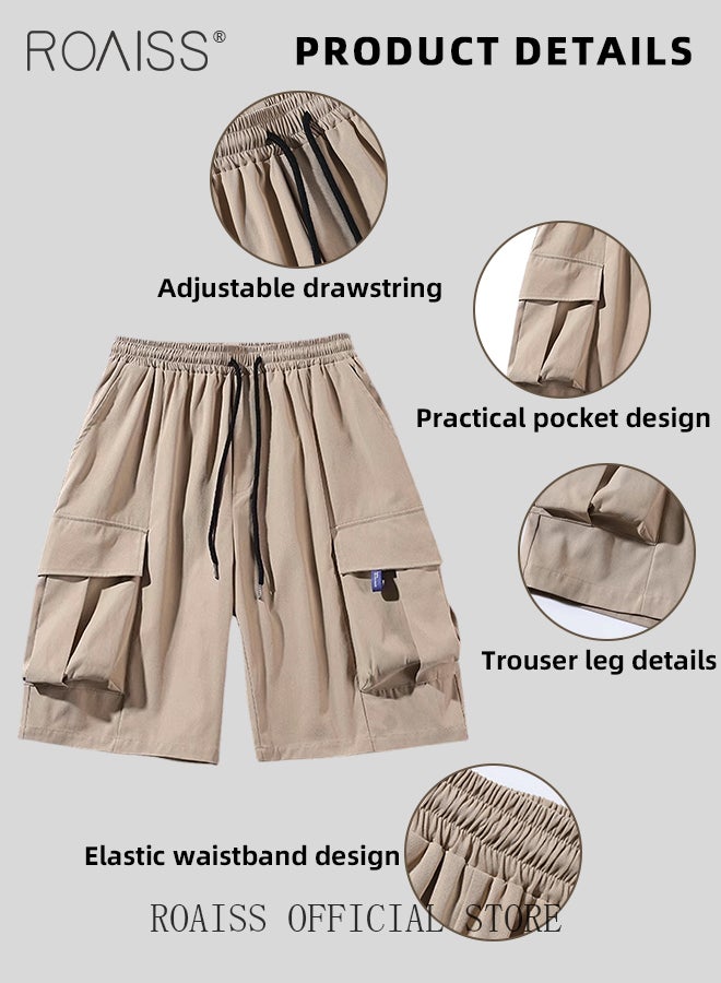 Stylish Overalls Shorts for Men with Multi Flap Pockets Thin Loose Large Casual Straight Leg Cropped Pants Men's Versatile Drawstring Waist Oversize Cargo Shorts