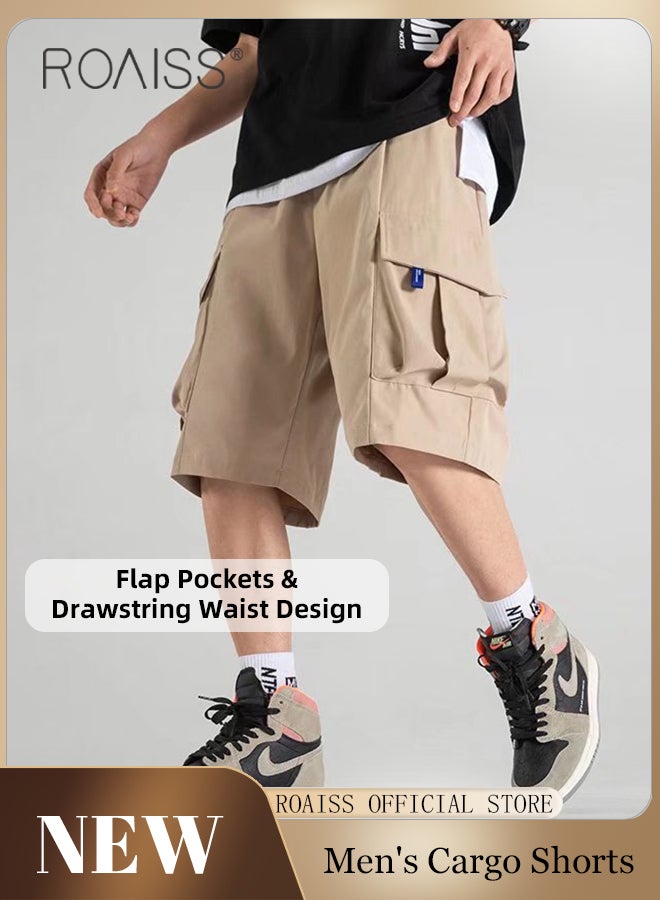 Stylish Overalls Shorts for Men with Multi Flap Pockets Thin Loose Large Casual Straight Leg Cropped Pants Men's Versatile Drawstring Waist Oversize Cargo Shorts