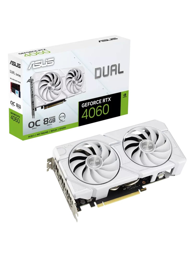 Dual GeForce RTX 4060 EVO White OC Edition Graphics Card, 8GB GDDR6 128-bit Memory, 2535 MHz OC Boost Clock, 17 Gbps Memory Speed, PCI E 4.0, DisplayPort 1.4a / HDMI 2.1a | 90YV0JCB-M0NA00 White