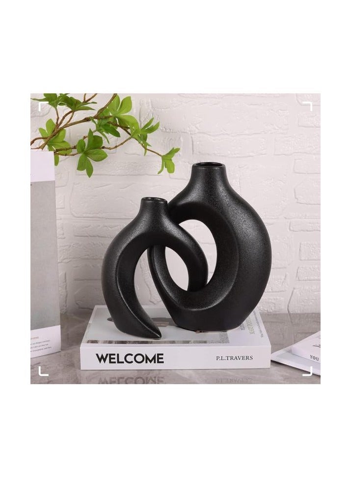 Black Ceramic Vases for Home Decoration Office Set of 2.