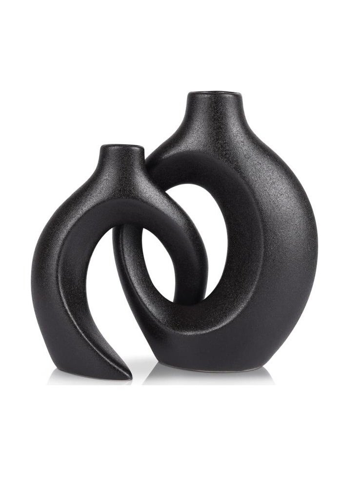 Black Ceramic Vases for Home Decoration Office Set of 2.