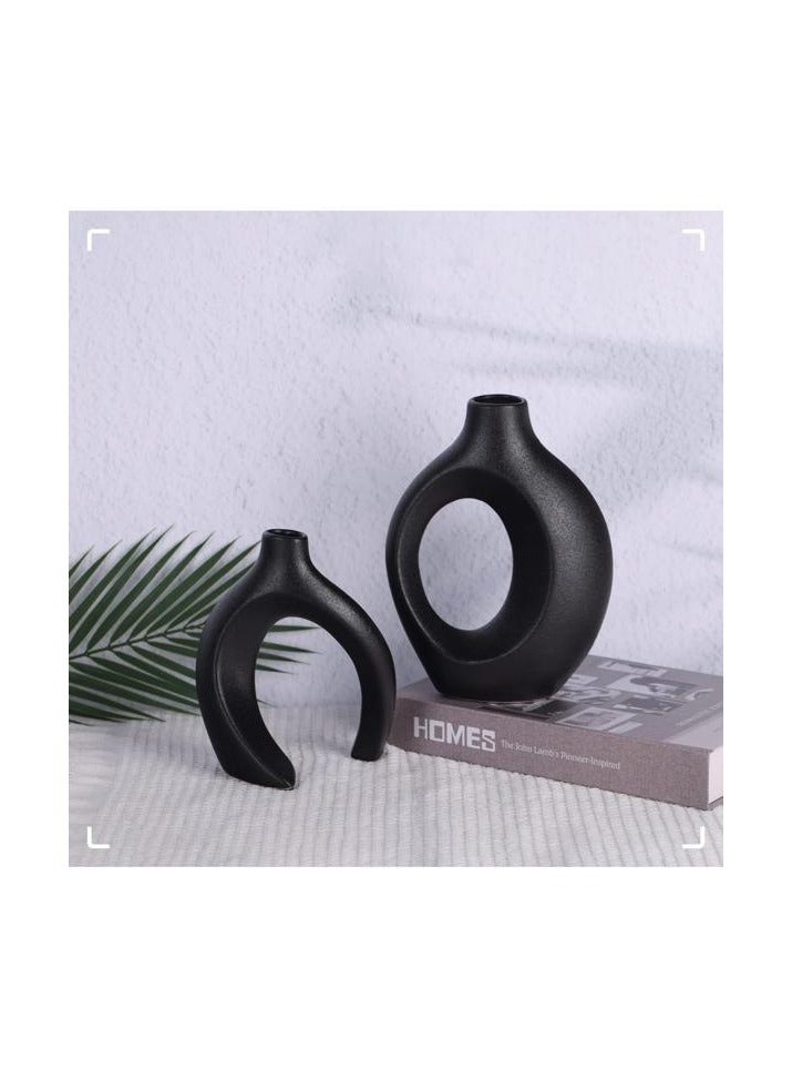 Black Ceramic Vases for Home Decoration Office Set of 2.