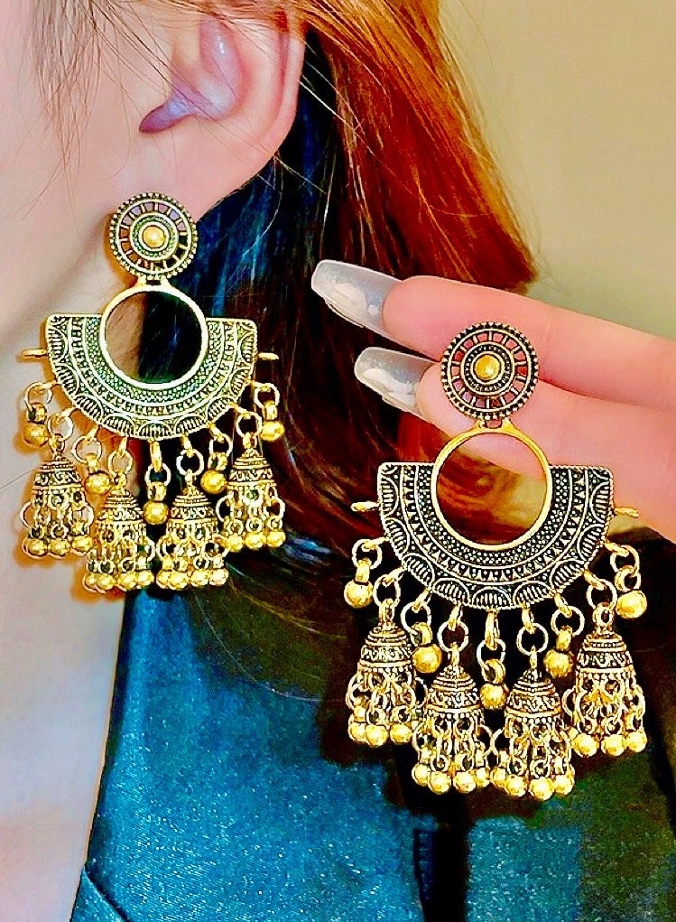 Silver needle round fan-shaped bell tassel earrings