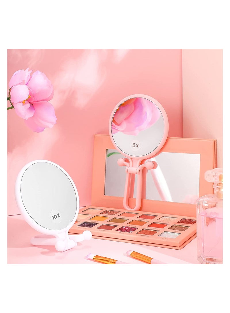 2 Pcs Double Sided Folding Magnifying Makeup Mirror - 1/5X & 1/10X Handheld Portable Cosmetic Mirror with Adjustable Pedestal