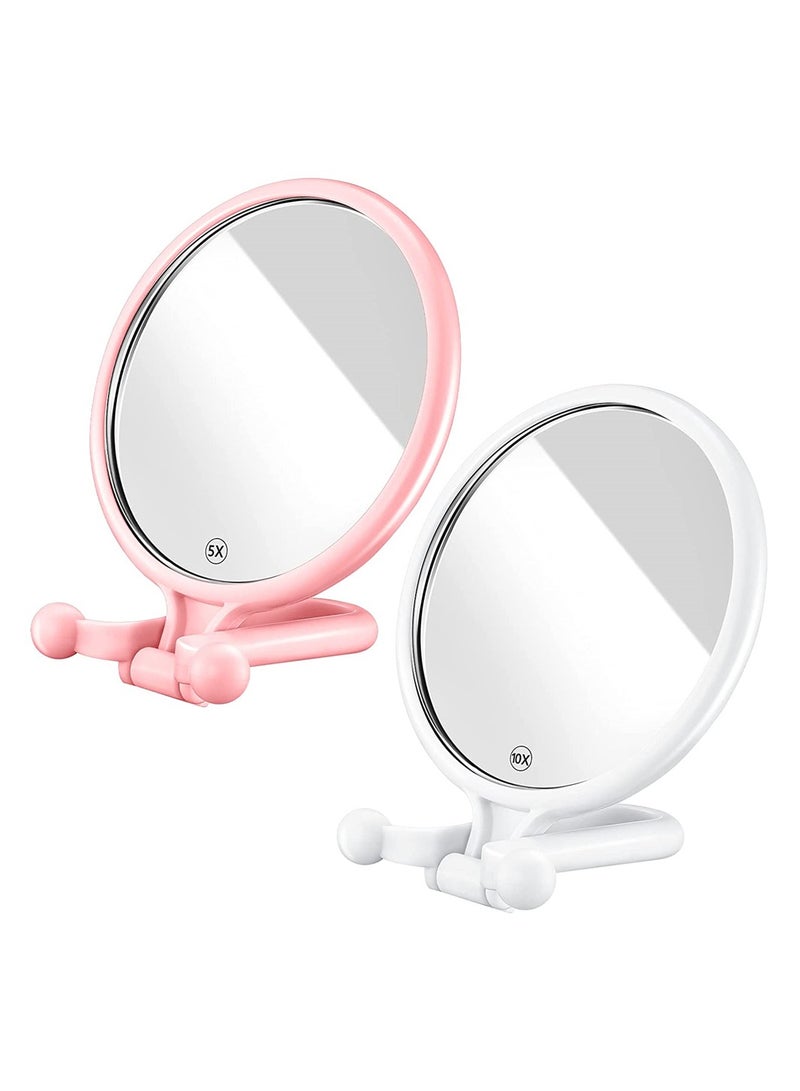 2 Pcs Portable Double Sided Makeup Mirror 1X 5X Magnification Adjustable Stand Handheld Compact Cosmetic Reflector