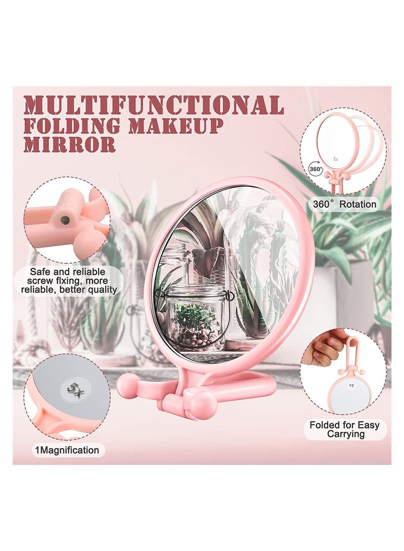 2 Pcs Portable Double Sided Makeup Mirror 1X 5X Magnification Adjustable Stand Handheld Compact Cosmetic Reflector