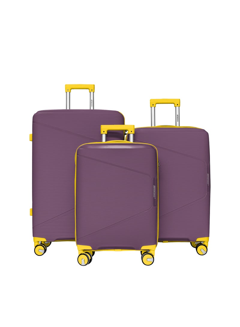 3 Piece Polypropelene Hardside Spinner Luggage Trolley Set 20/24/28 Inch Purple