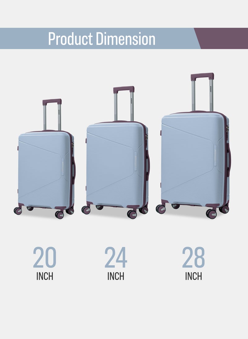 3 Piece Polypropelene Hardside Spinner Luggage Trolley Set 20/24/28 Inch Blue